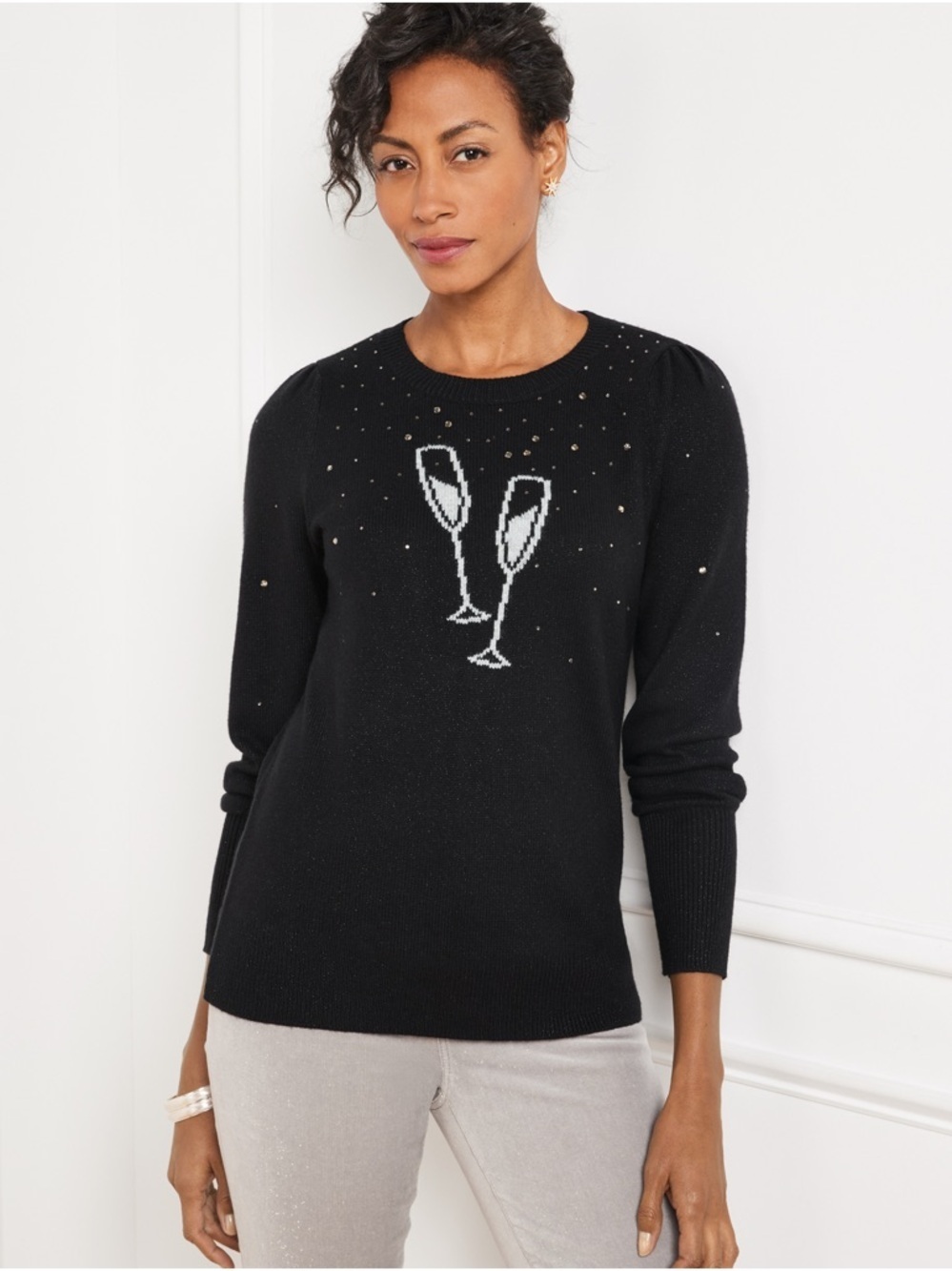 Talbots PUFF SLEEVE CREWNECK PULLOVER - SPARKLING CHAMPAGNE